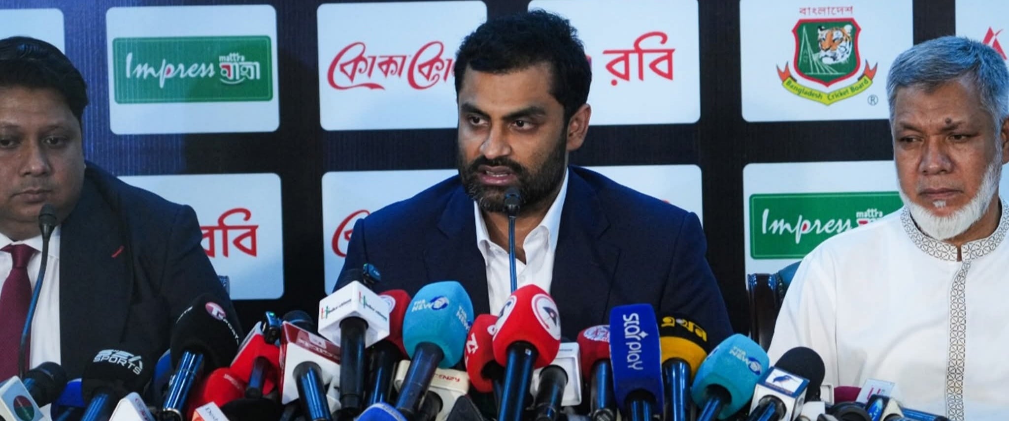 Tamim Iqbal attends a press briefing after being appointed head of the ad hoc committee.